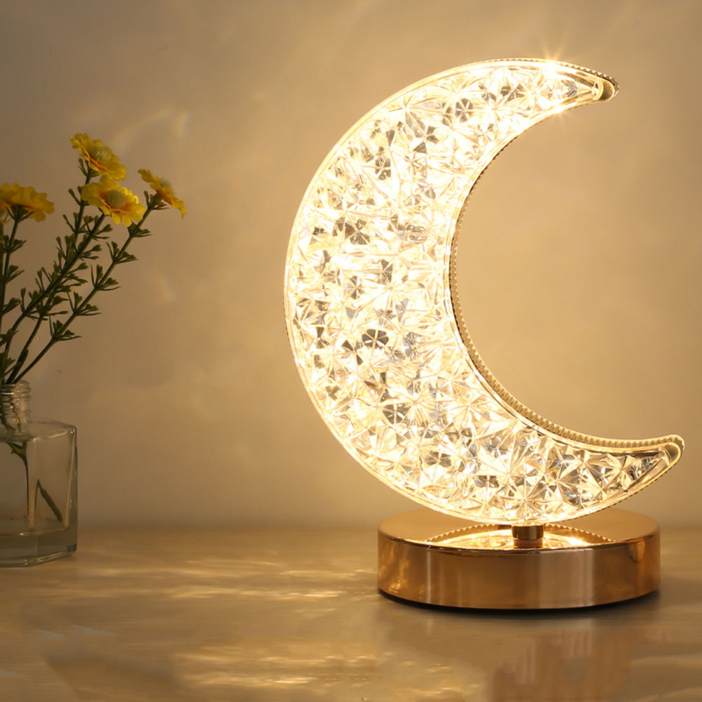 Crystal Crescent Moon Night Light – Touch Dimming LED Lamp with USB Rechargeable Battery and Elegant Design 0