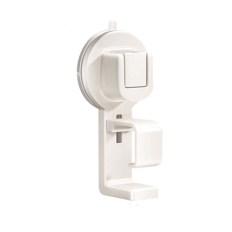 White wall-mounted shower caddy with a cup holder on a white background