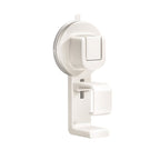 White wall-mounted shower caddy with a cup holder on a white background