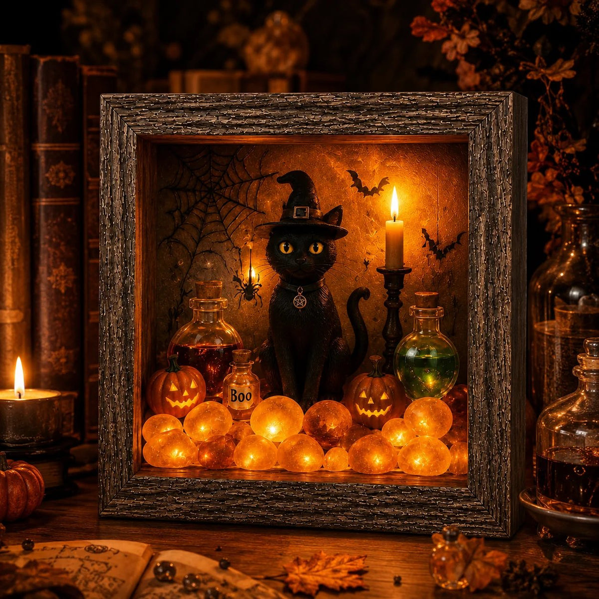 DIY Lighted Halloween Shadow Box Kit - Rustic Frame with Warm LED Glow 2