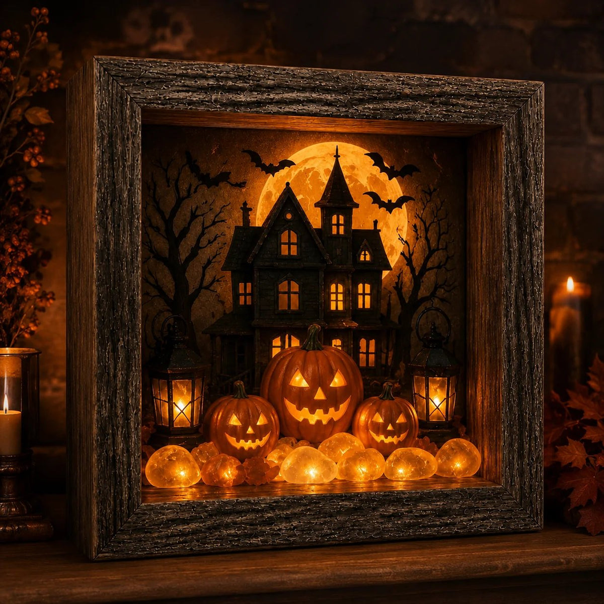DIY Lighted Halloween Shadow Box Kit - Rustic Frame with Warm LED Glow 3