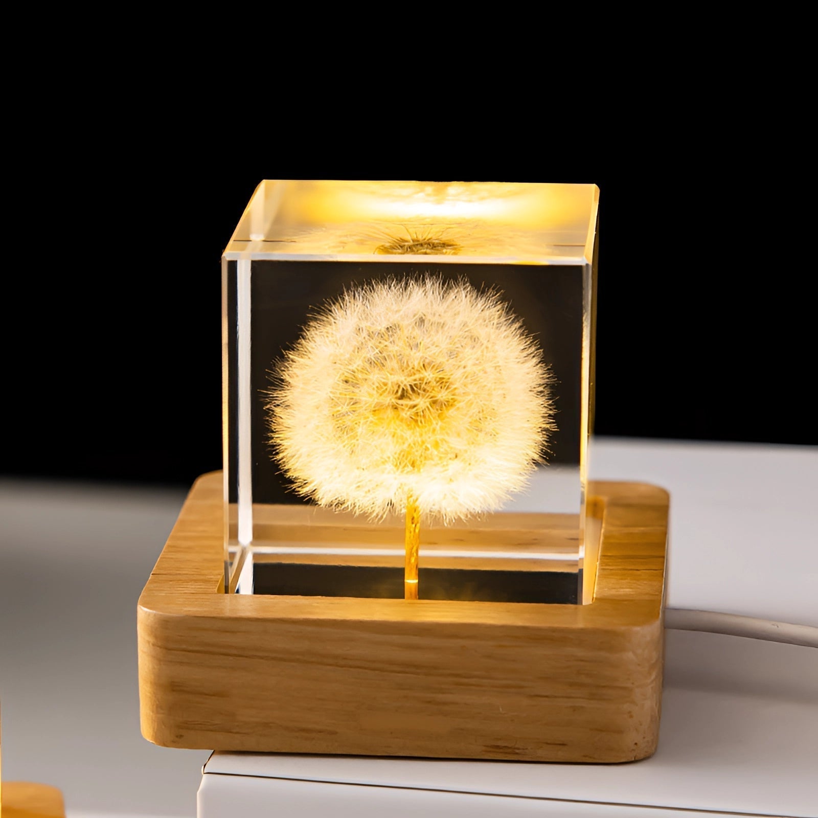 Dandelion Resin Bedside Lamp - Elegant LED Night Light with Wooden Base 0