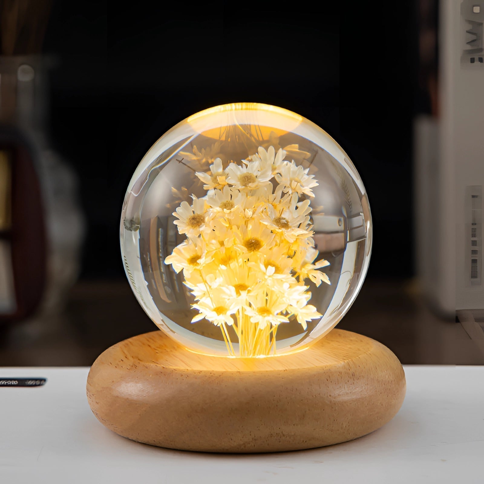 Dandelion Resin Bedside Lamp - Elegant LED Night Light with Wooden Base 10