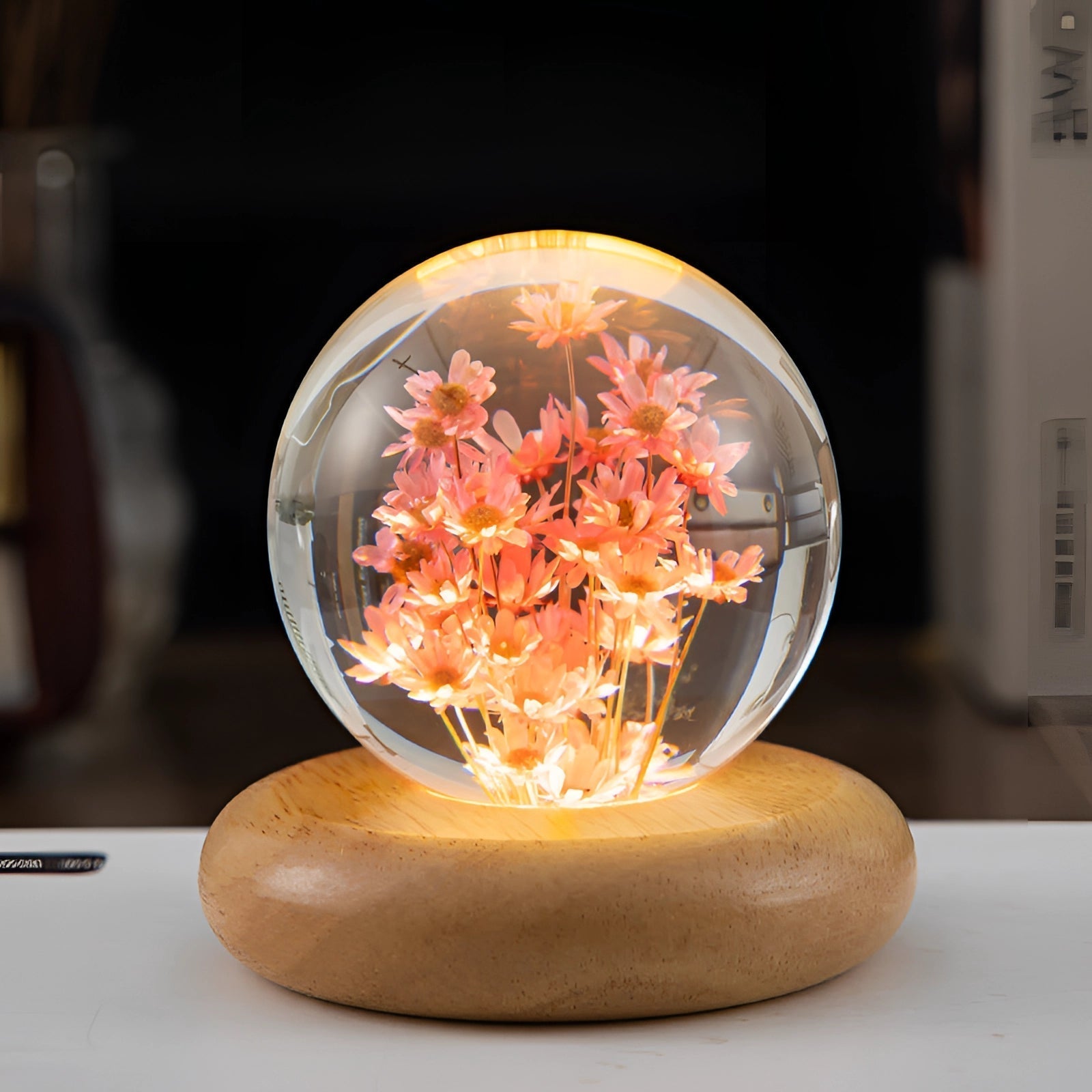 Dandelion Resin Bedside Lamp - Elegant LED Night Light with Wooden Base 11