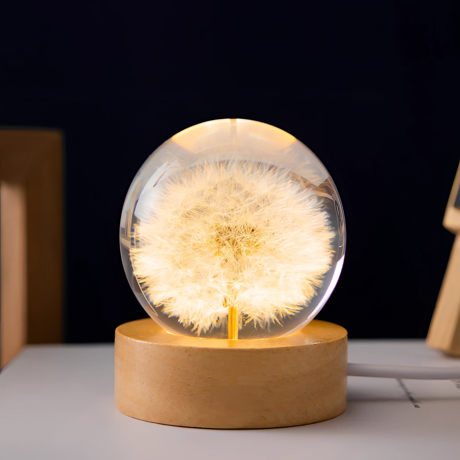 Dandelion Resin Bedside Lamp - Elegant LED Night Light with Wooden Base 3