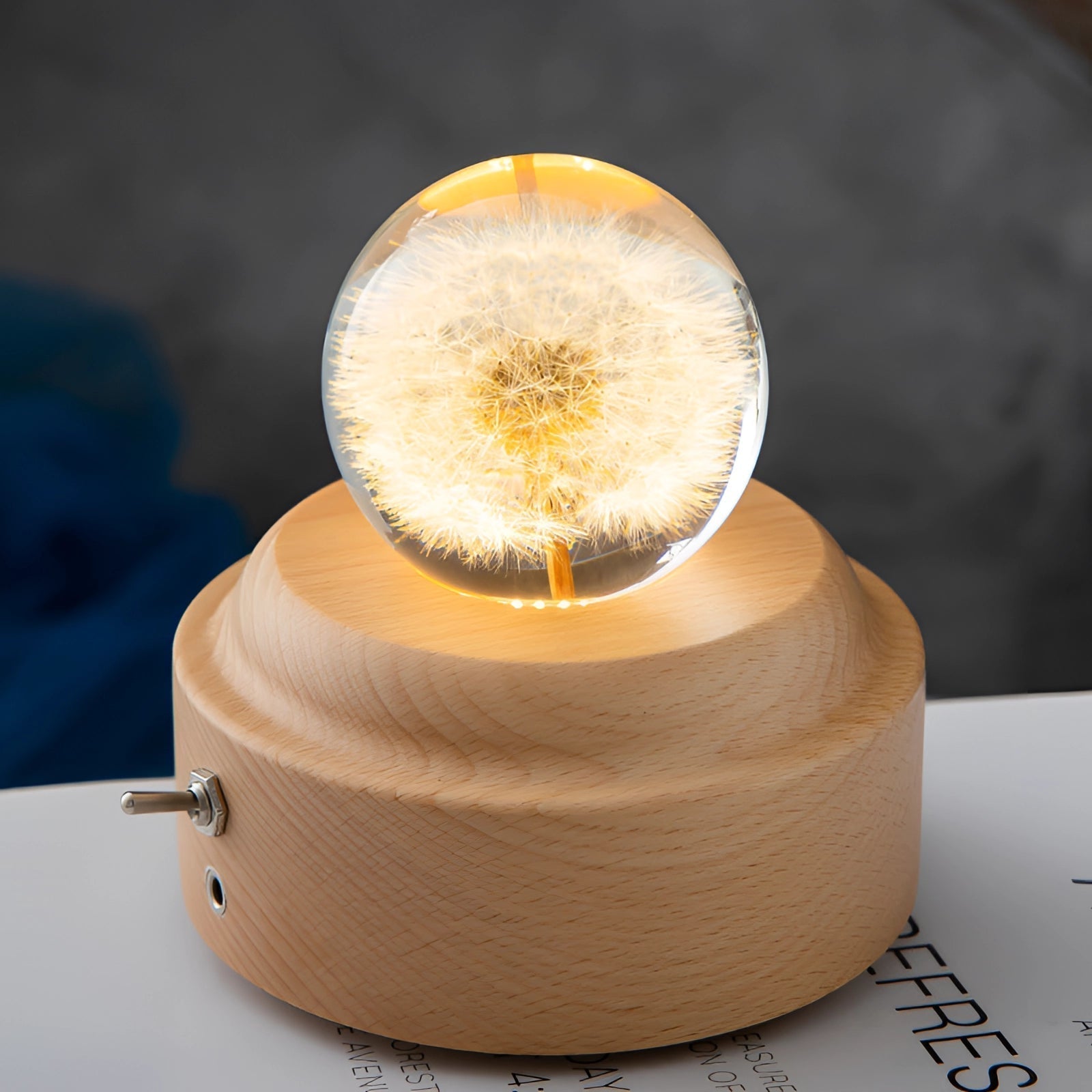 Dandelion Resin Bedside Lamp - Elegant LED Night Light with Wooden Base 4