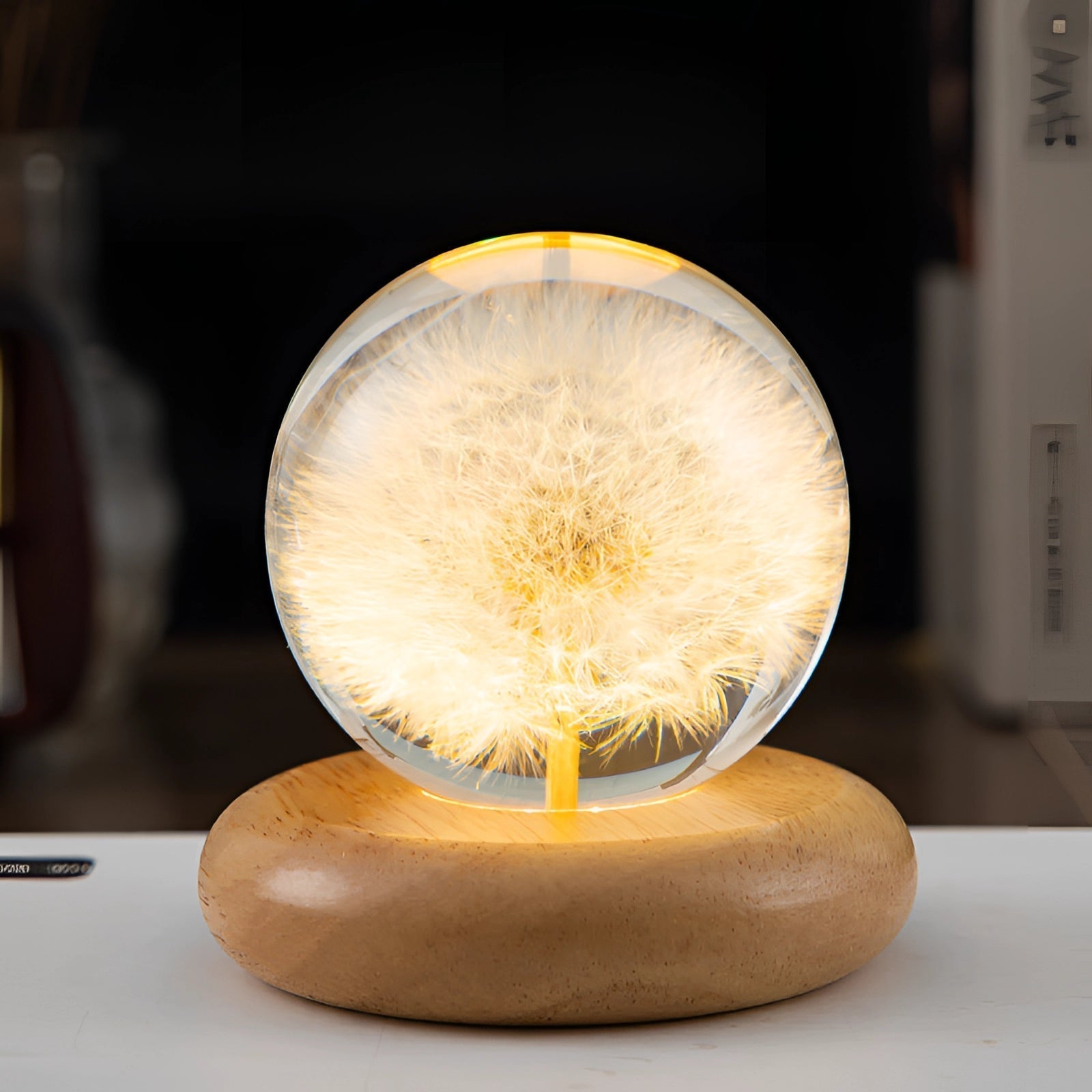 Dandelion Resin Bedside Lamp - Elegant LED Night Light with Wooden Base 5