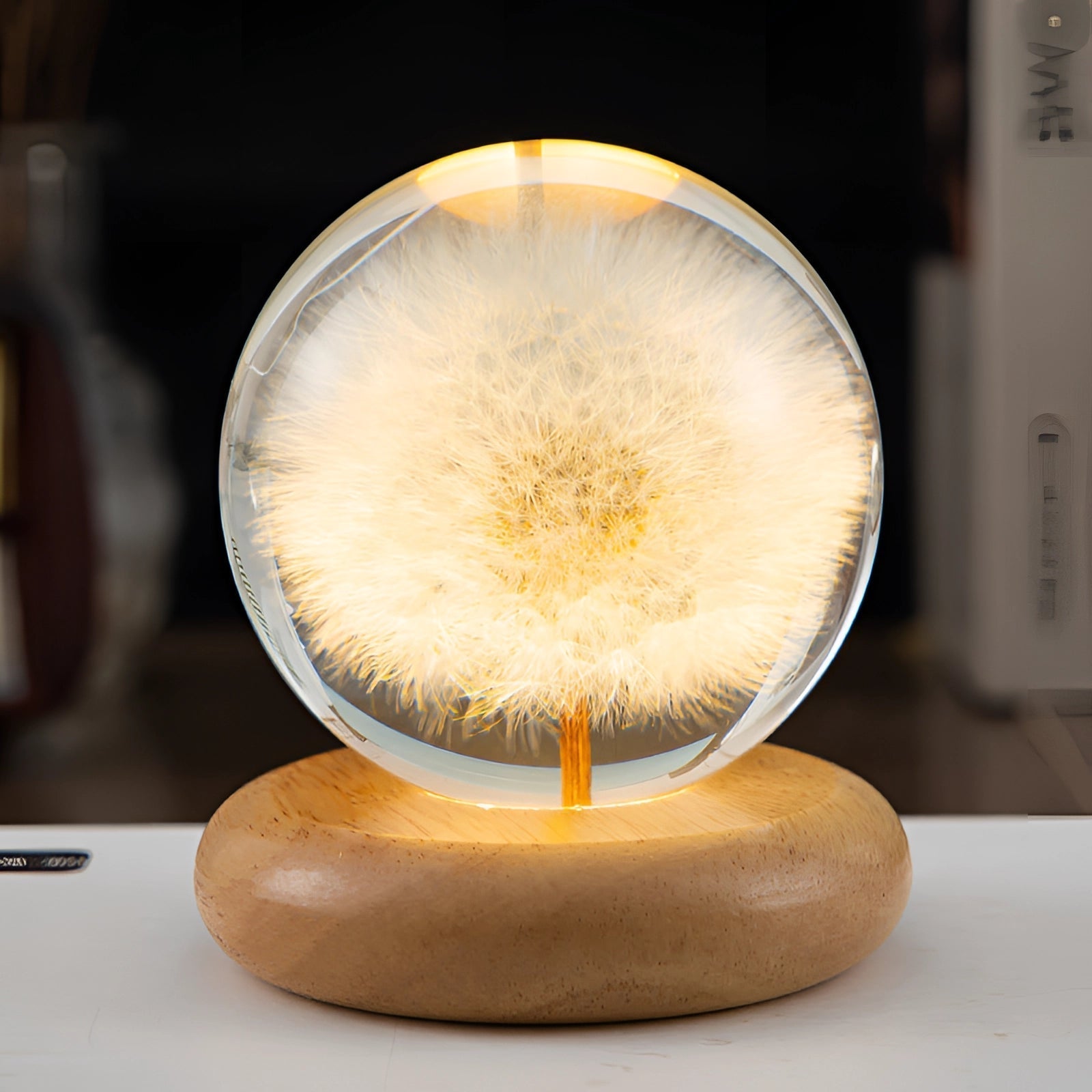Dandelion Resin Bedside Lamp - Elegant LED Night Light with Wooden Base 6