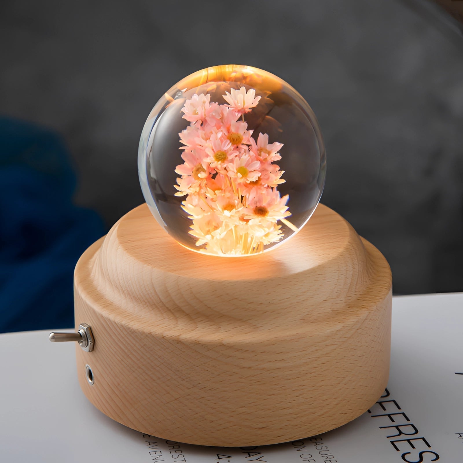 Dandelion Resin Bedside Lamp - Elegant LED Night Light with Wooden Base 7