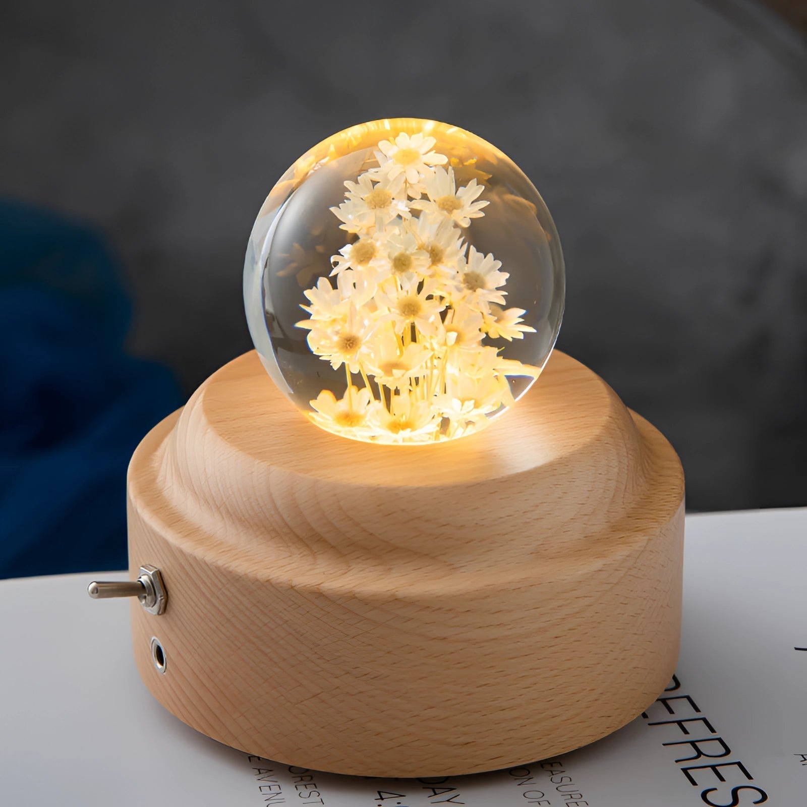 Dandelion Resin Bedside Lamp - Elegant LED Night Light with Wooden Base 8