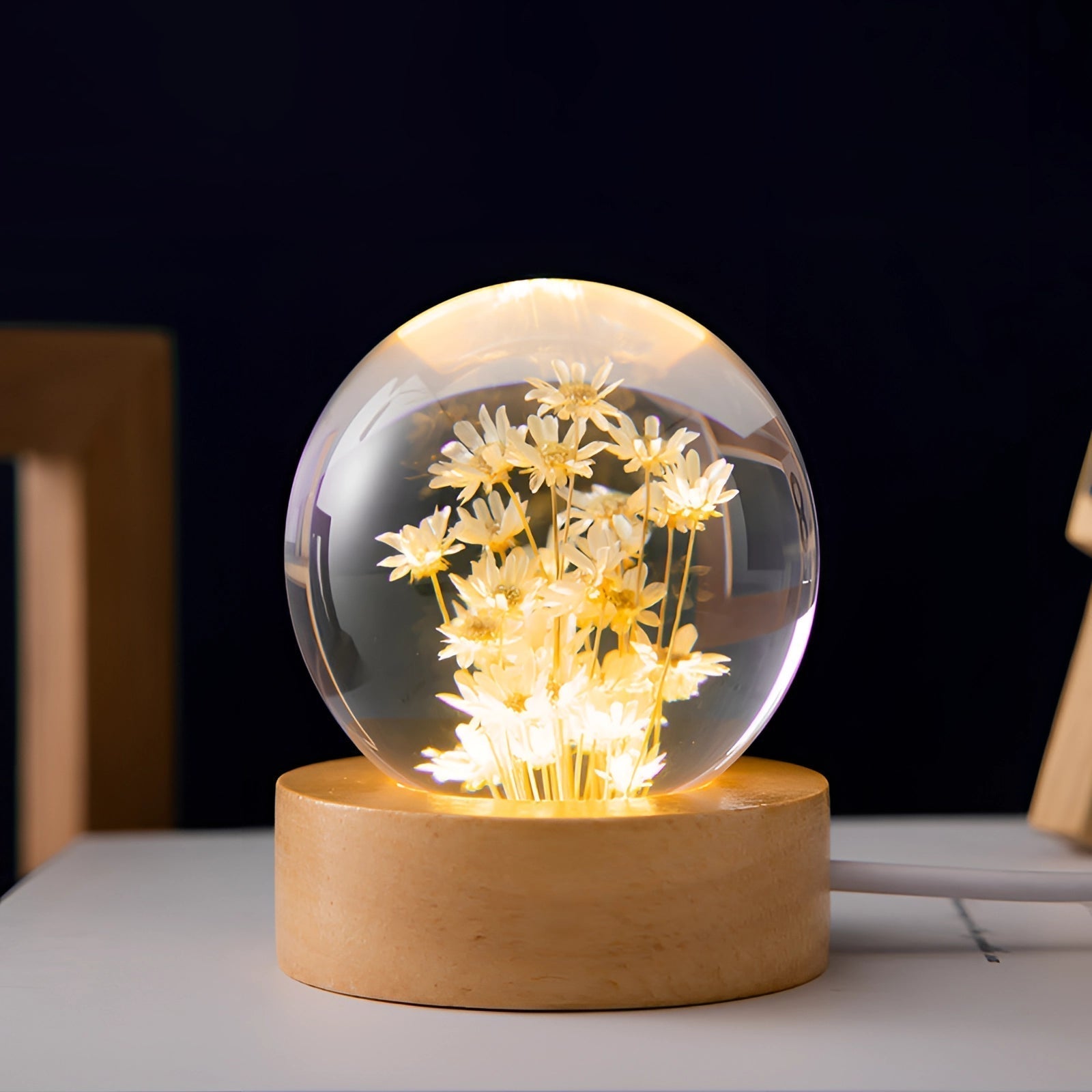 Dandelion Resin Bedside Lamp - Elegant LED Night Light with Wooden Base 9