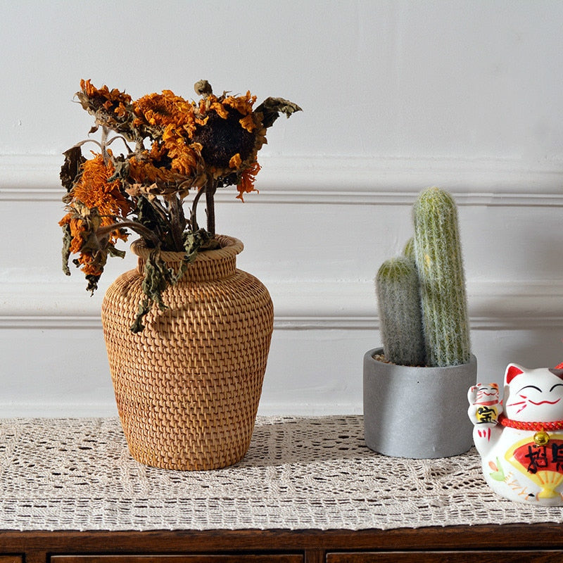 Decorative Vase Hand Woven Natural Rattan – Earthy Tone for Dried or Artificial Floral Arrangements 7
