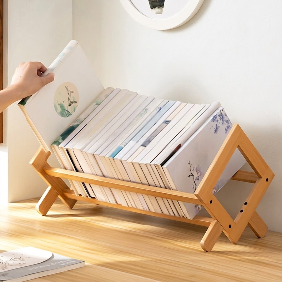 Wooden magazine rack with books on a wooden surface