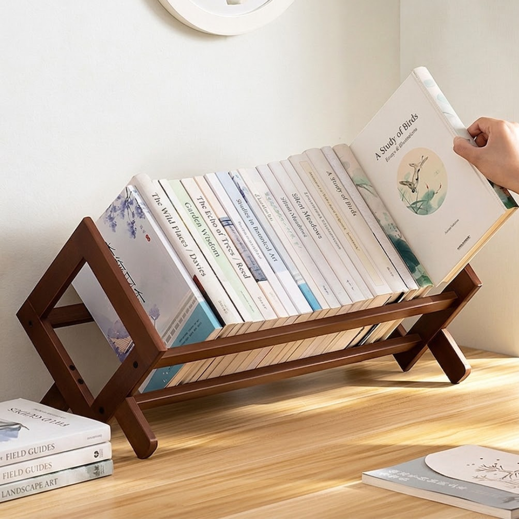 Wooden book stand with books on a wooden surface