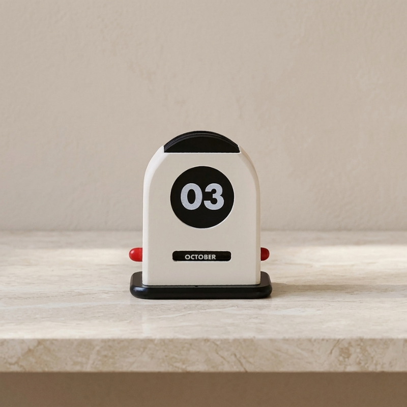Small calendar with '03' on a shelf against a beige wall