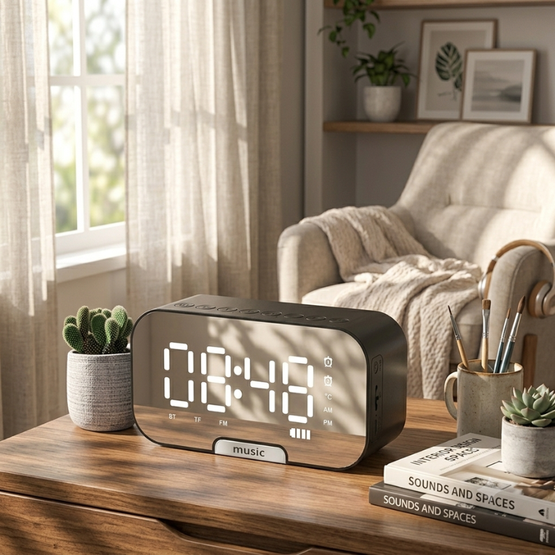 Digital clock on a wooden table with a cozy living room background