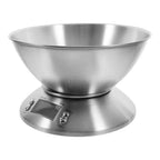 A stainless steel digital kitchen scale with a large mixing bowl on top, featuring a circular base with a small display screen and two control buttons, shown against a plain white background.
