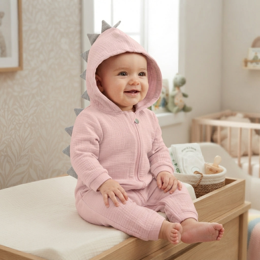Dinosaur Baby Hooded Romper 100 Percent Cotton Front Snap Buttons