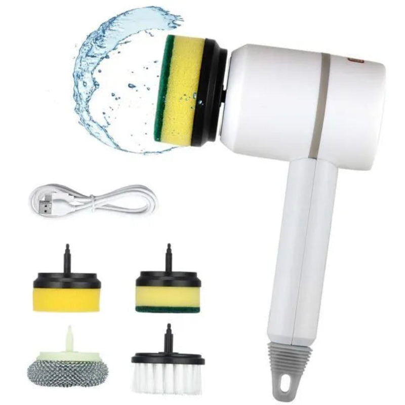 White handheld cleaning tool with sponge head, water splash, USB cable, and additional attachments on a white background.