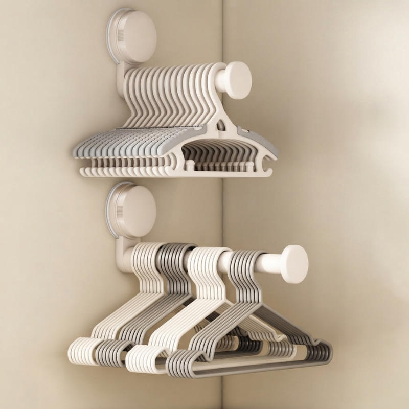 Two wall-mounted plastic hanger racks with suction cups, shown holding multiple white and gray hangers against a beige wall corner.