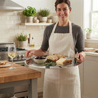 Woman in a kitchen holding a platter of food with a glass of wine.