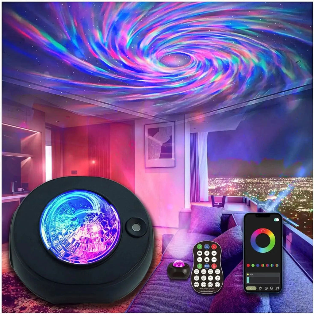 A round black ceiling light projector shown in a modern room setting, with colorful light beams swirling across the ceiling. The image includes a close-up of the light source, a remote control, and a smartphone app screen displaying a color wheel interface.