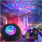 A round black ceiling light projector shown in a modern room setting, with colorful light beams swirling across the ceiling. The image includes a close-up of the light source, a remote control, and a smartphone app screen displaying a color wheel interface.