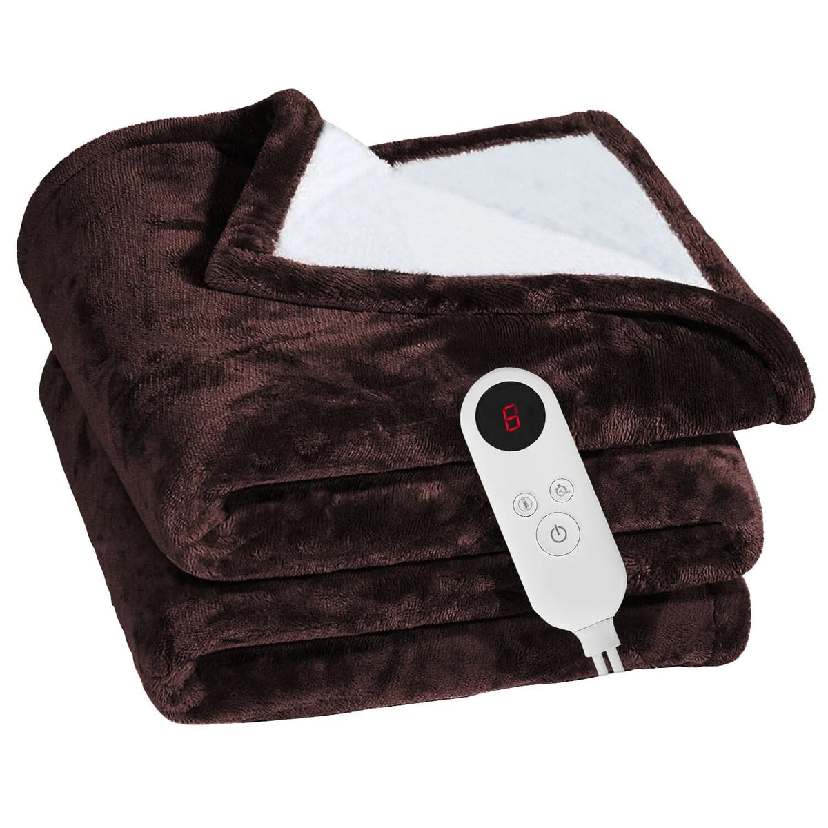 Electric Heated Flannel Blanket, 6 Heat Settings, Brown and White-Blanket-Homely Dreams-Default-Homely Dreams