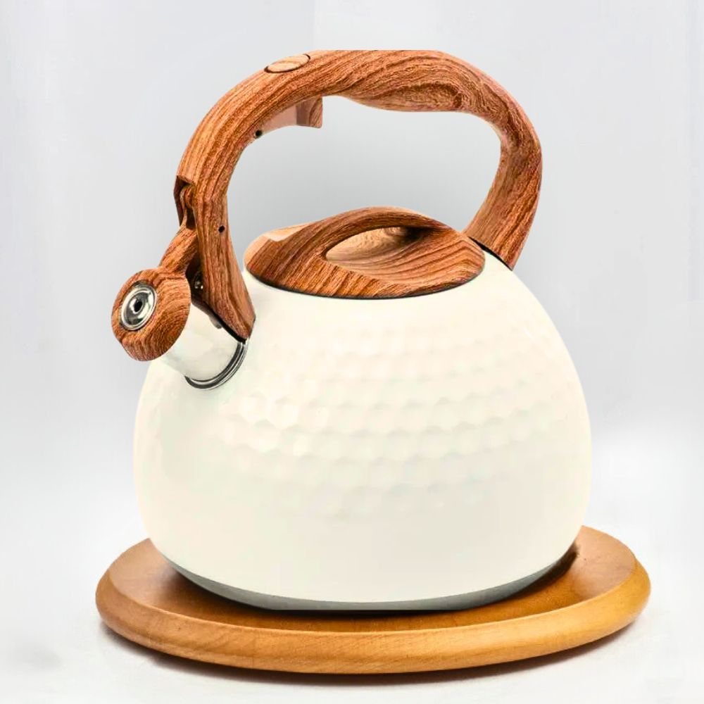 White electric kettle with wooden handle and base on a light gray background