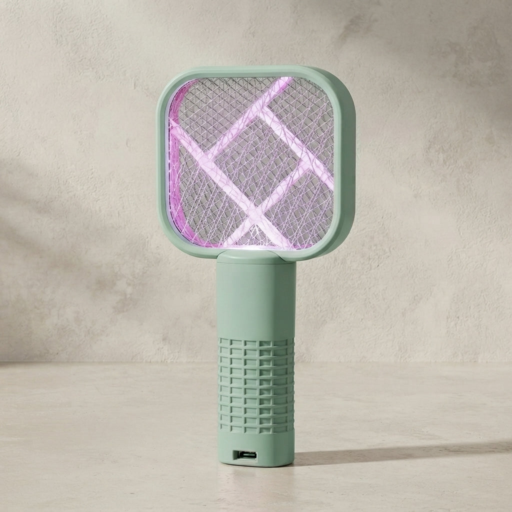 A mint green electric mosquito zapper with a glowing purple UV light grid, standing on a light beige textured surface against a neutral background.