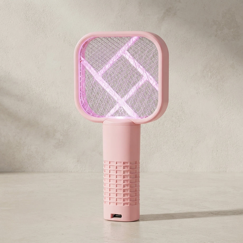 A pink handheld electric mosquito killer lamp with a square grid design, standing on a light gray surface against a textured light gray wall. The device is illuminated with a pink glow, and a USB charging port is visible on the bottom.