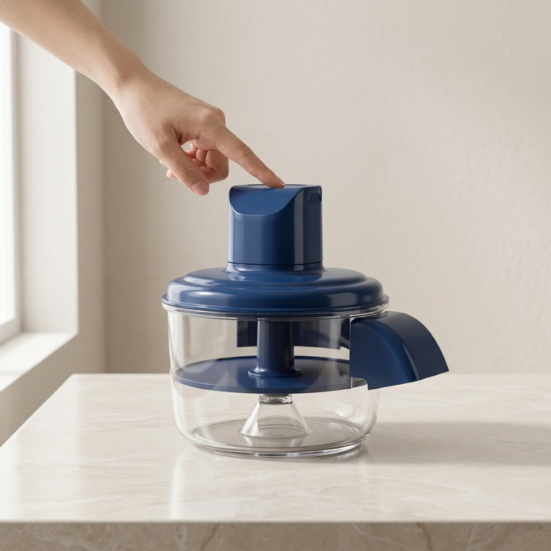 Blue kitchen appliance on a white countertop with a hand pointing at it.