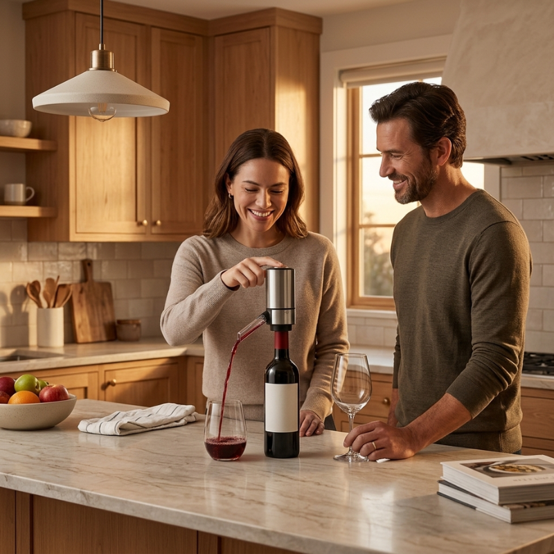 Man and woman in a kitchen using a wine bottle and glass, with a wine bottle and glass on the counter.
