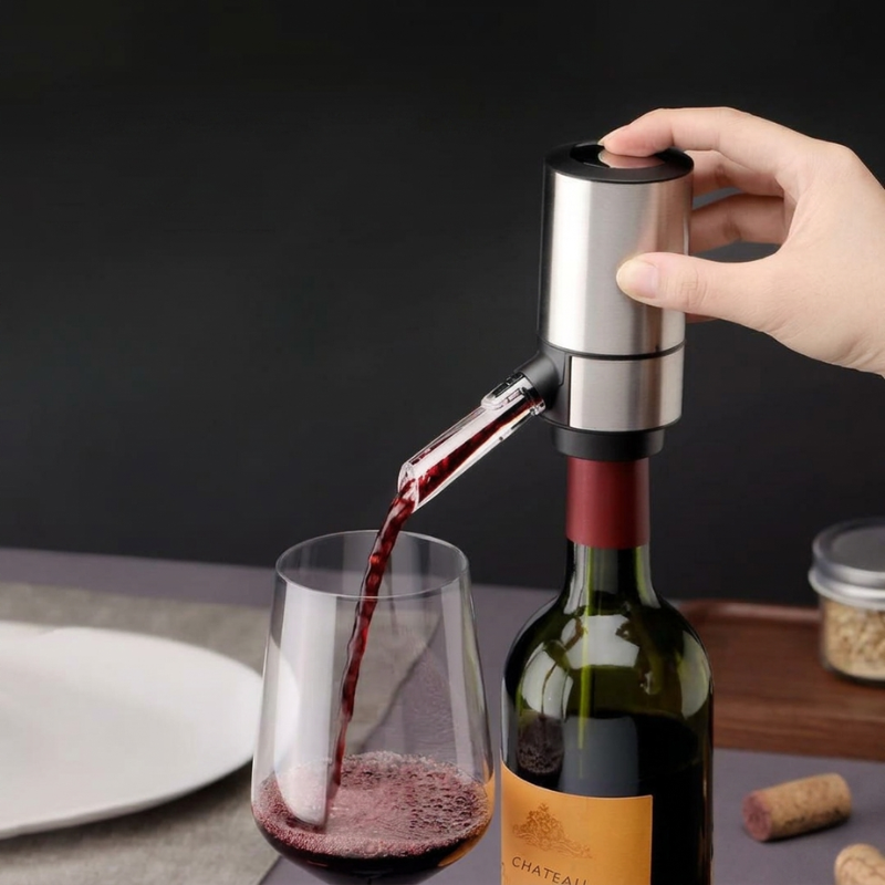 Hand using a wine faucet to pour red wine into a glass with a dark background