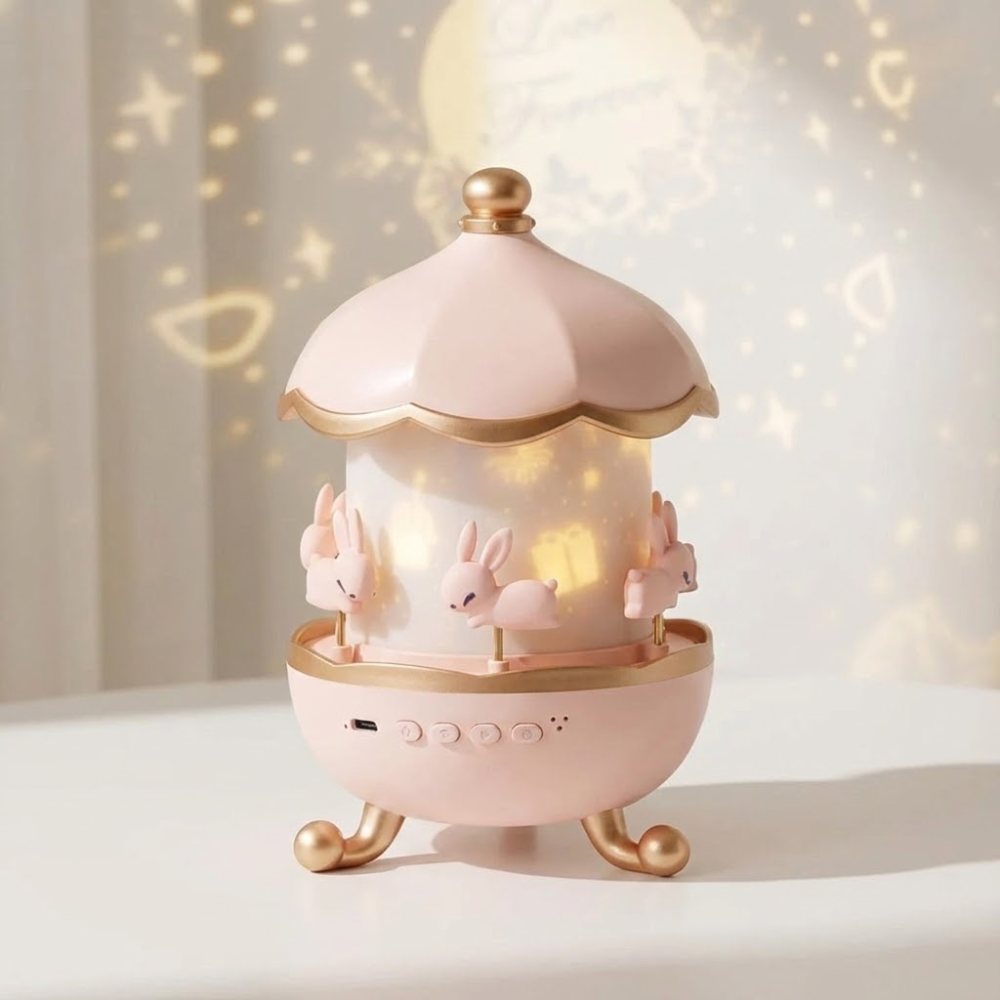 Pink and gold carousel-shaped night light with rabbit figures on a white surface.