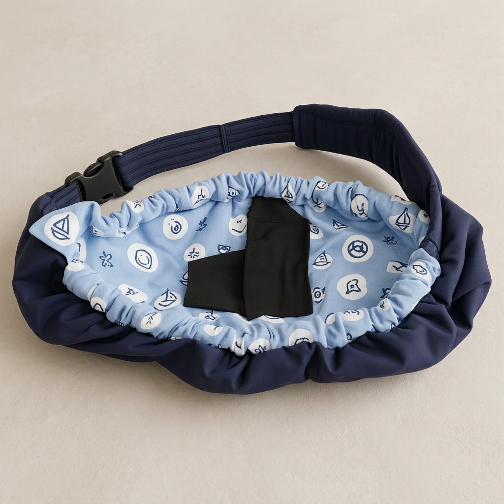 A padded waist bag or fanny pack in navy blue fabric with a light blue patterned inner lining featuring white nautical motifs. The bag has a black plastic buckle and a black fabric loop on the front, photographed on a neutral beige background.
