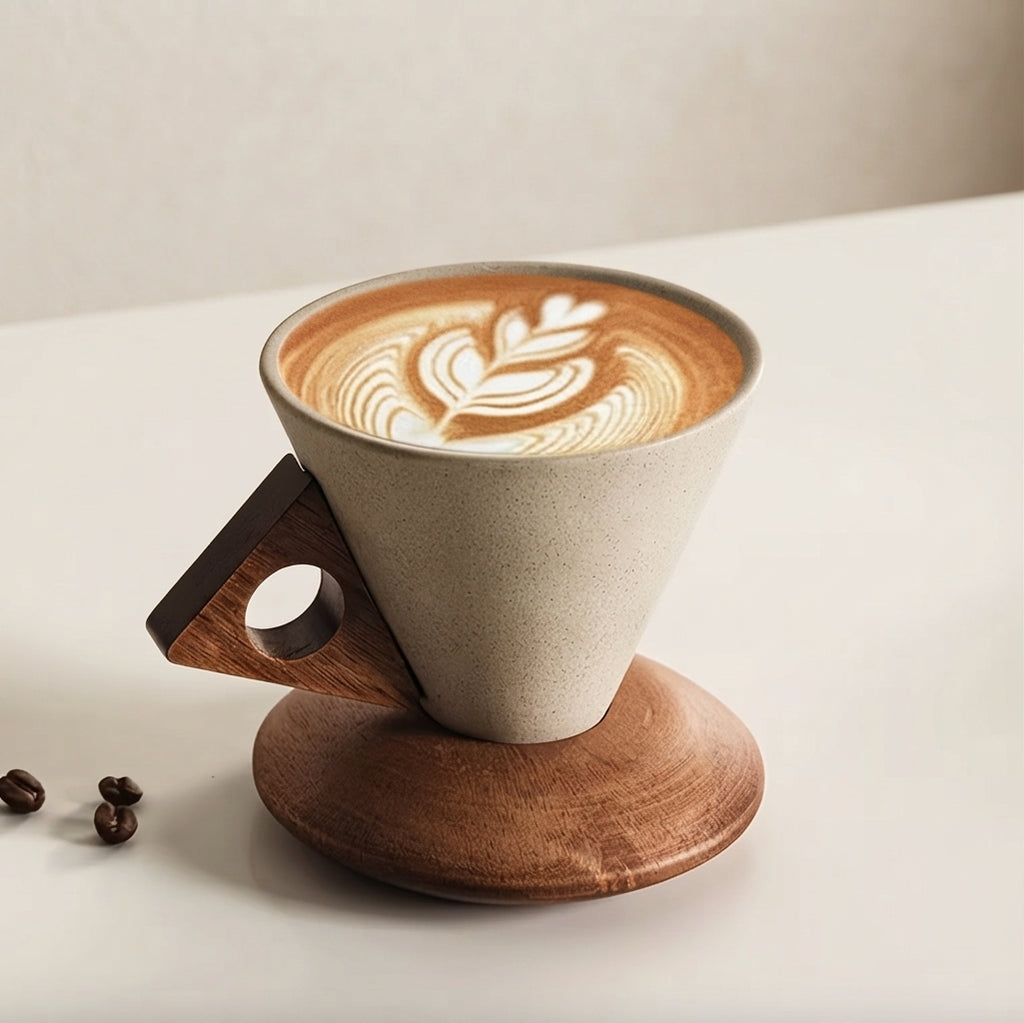 Espresso Cup Set Ceramic 180ml 250ml Wooden Handles 1