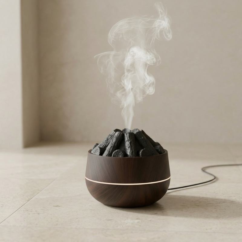 Smoky incense burner on a neutral background