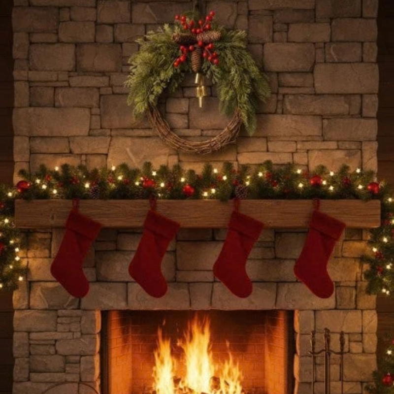 A cozy holiday fireplace scene with a stone wall, glowing fire, a green wreath with red berries and pinecones above the mantel, a garland with warm white lights, and four red Christmas stockings hanging from the wooden mantel.