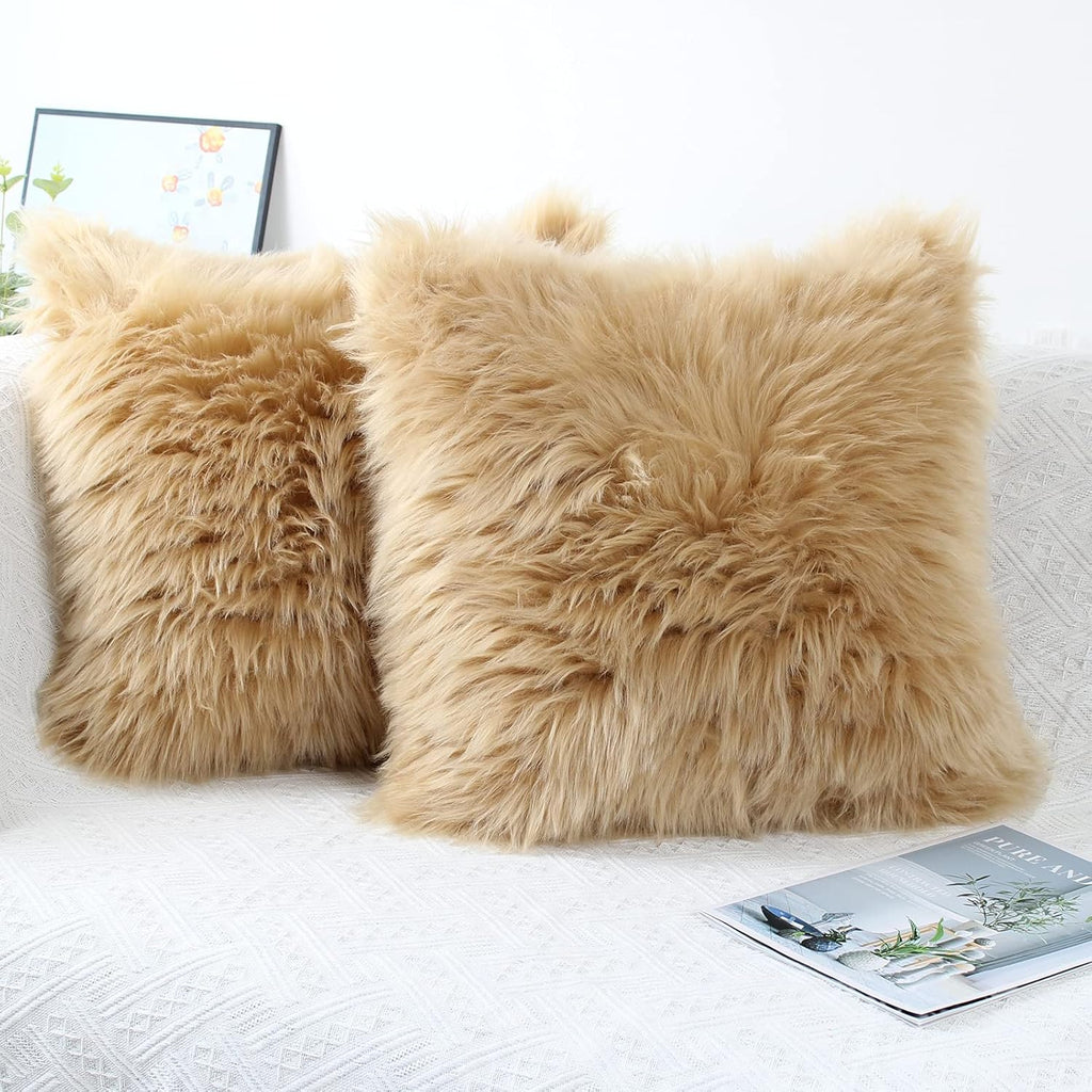 Faux Fur Throw Pillow Covers 20x20 - Soft Beige Decorative Accent 0