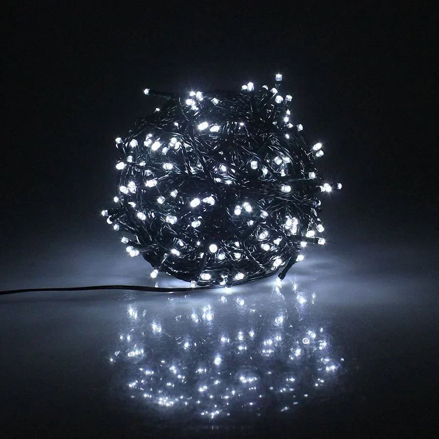 String of white LED lights on a black background