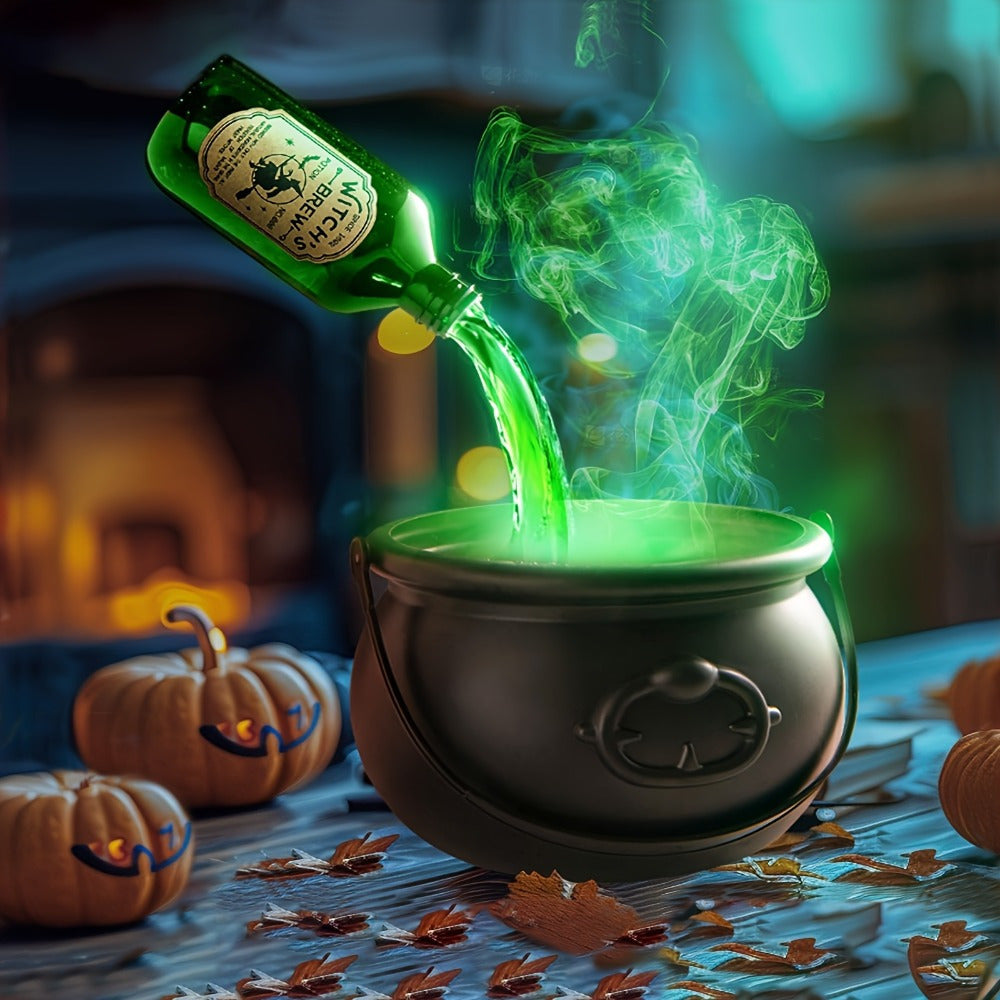 A black cauldron on a rustic table with autumn leaves and carved pumpkins, with a green potion being poured from a green bottle into the cauldron, creating glowing green smoke in a dimly lit setting.