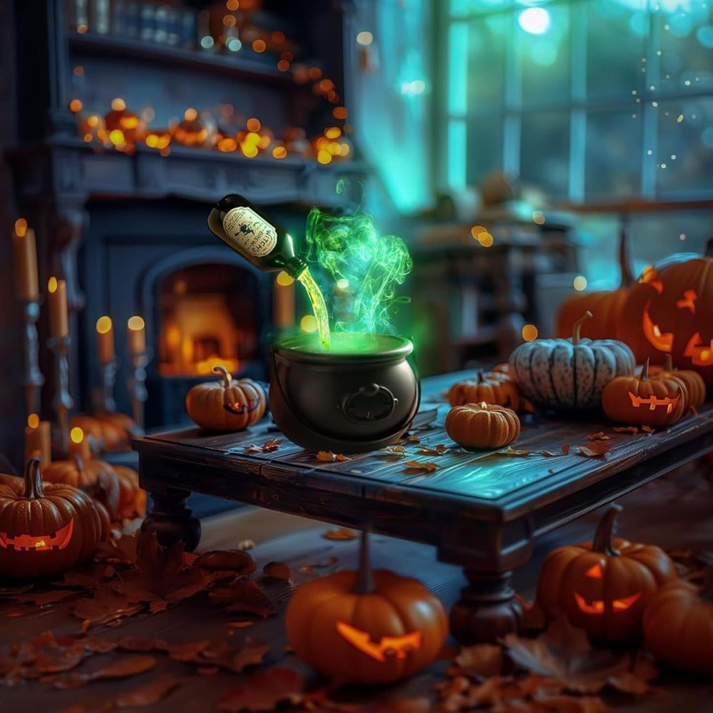 Halloween-themed scene with pumpkins, a cauldron, and a fireplace.