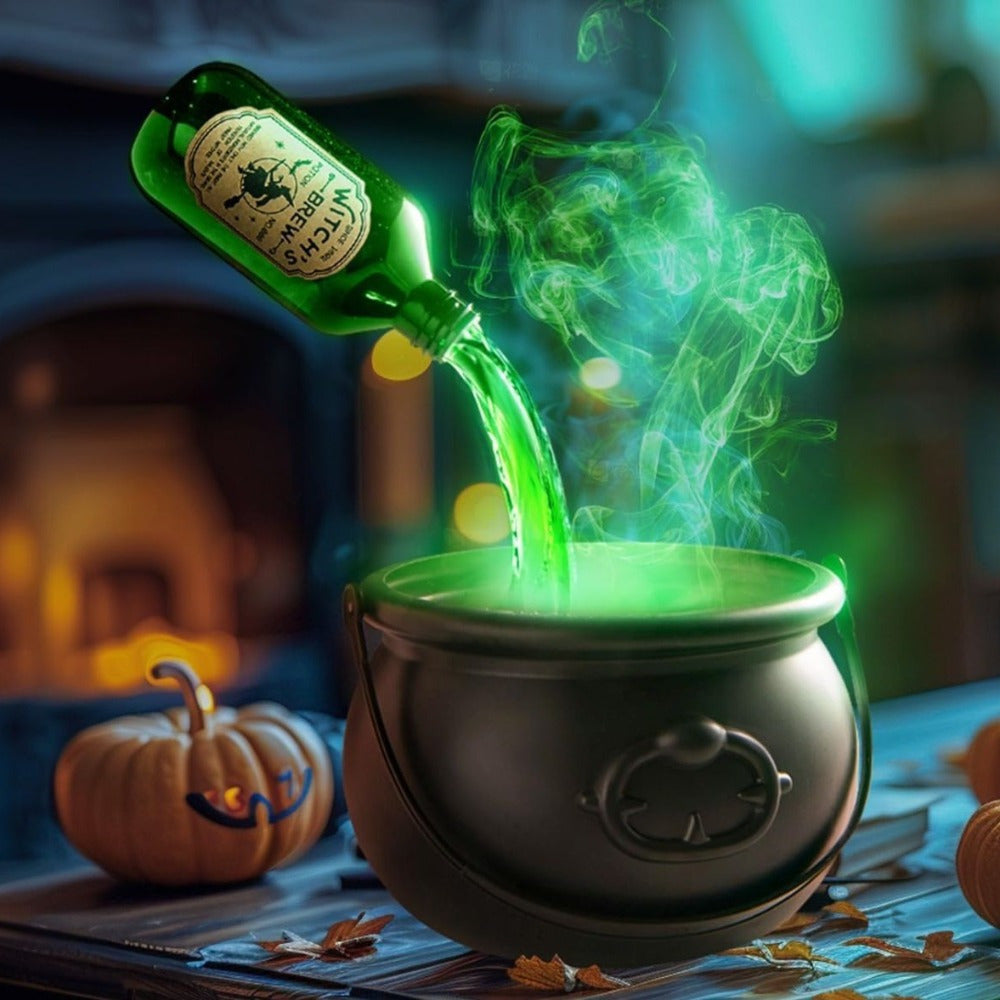 Green liquid being poured from a bottle into a black cauldron with smoke, surrounded by pumpkins and a fireplace.
