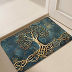 Decorative doormat with tree design on a blue background