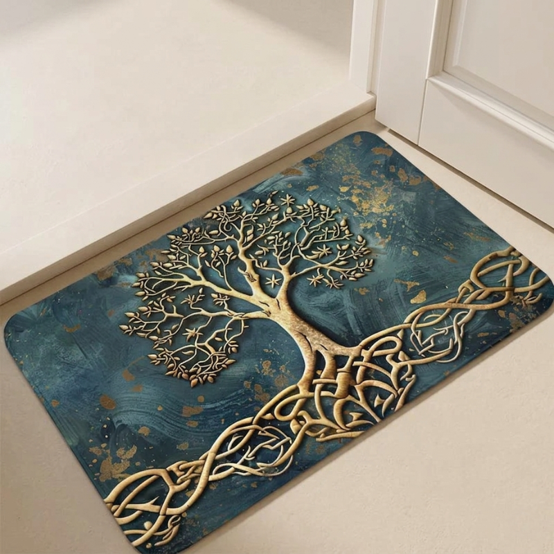 Decorative doormat with tree design on a blue background