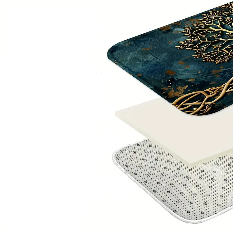 Decorative mat with gold tree design on a blue background, white square mat, and gray textured mat.