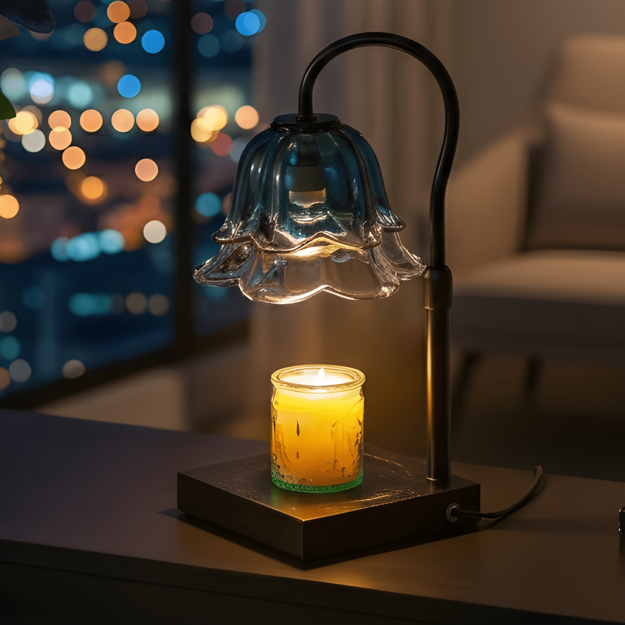 Floral Candle Warmer Table Lamp Electric Glass Shade with Wooden Base Adjustable Brightness and Timer 1