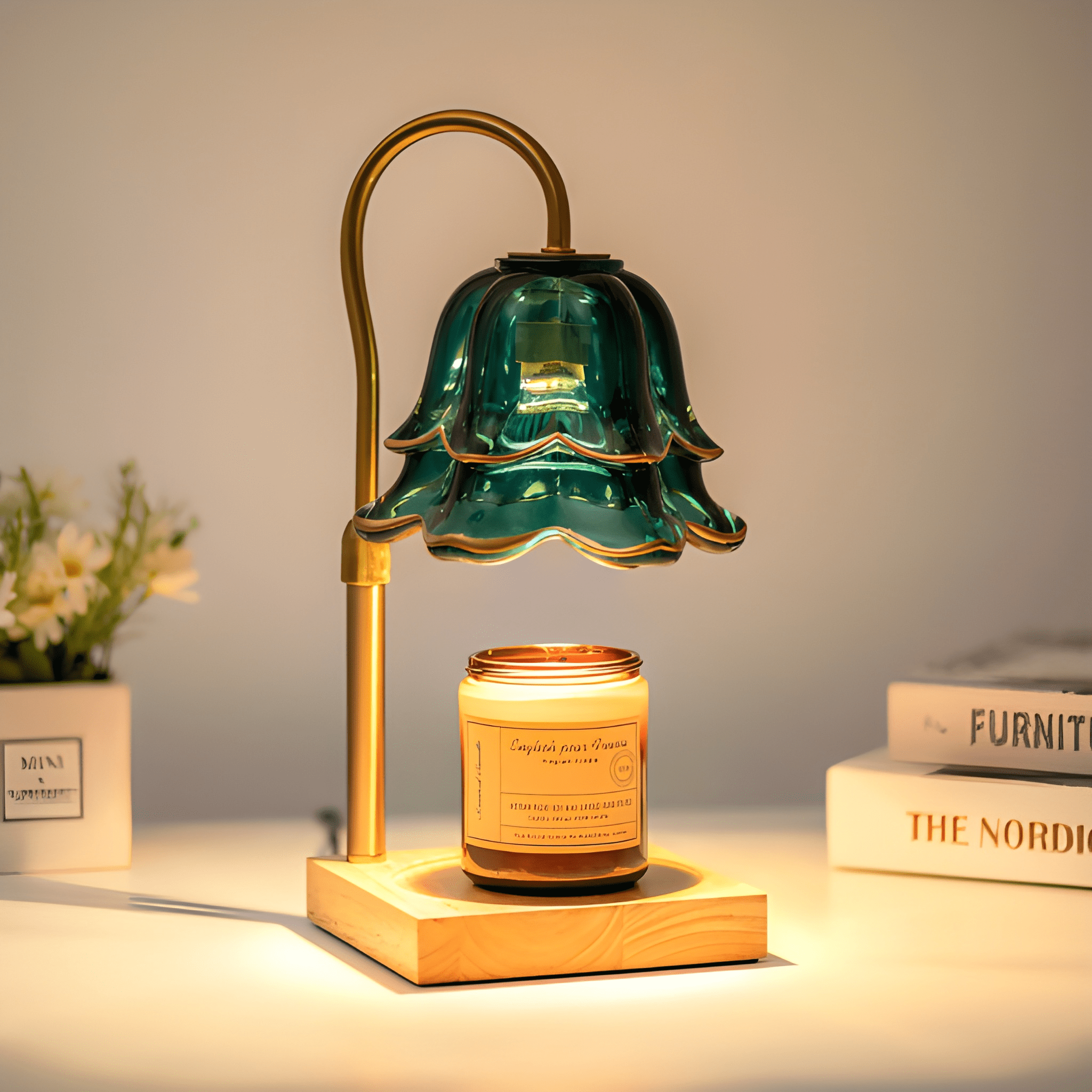 Floral Candle Warmer Table Lamp Electric Glass Shade with Wooden Base Adjustable Brightness and Timer 2