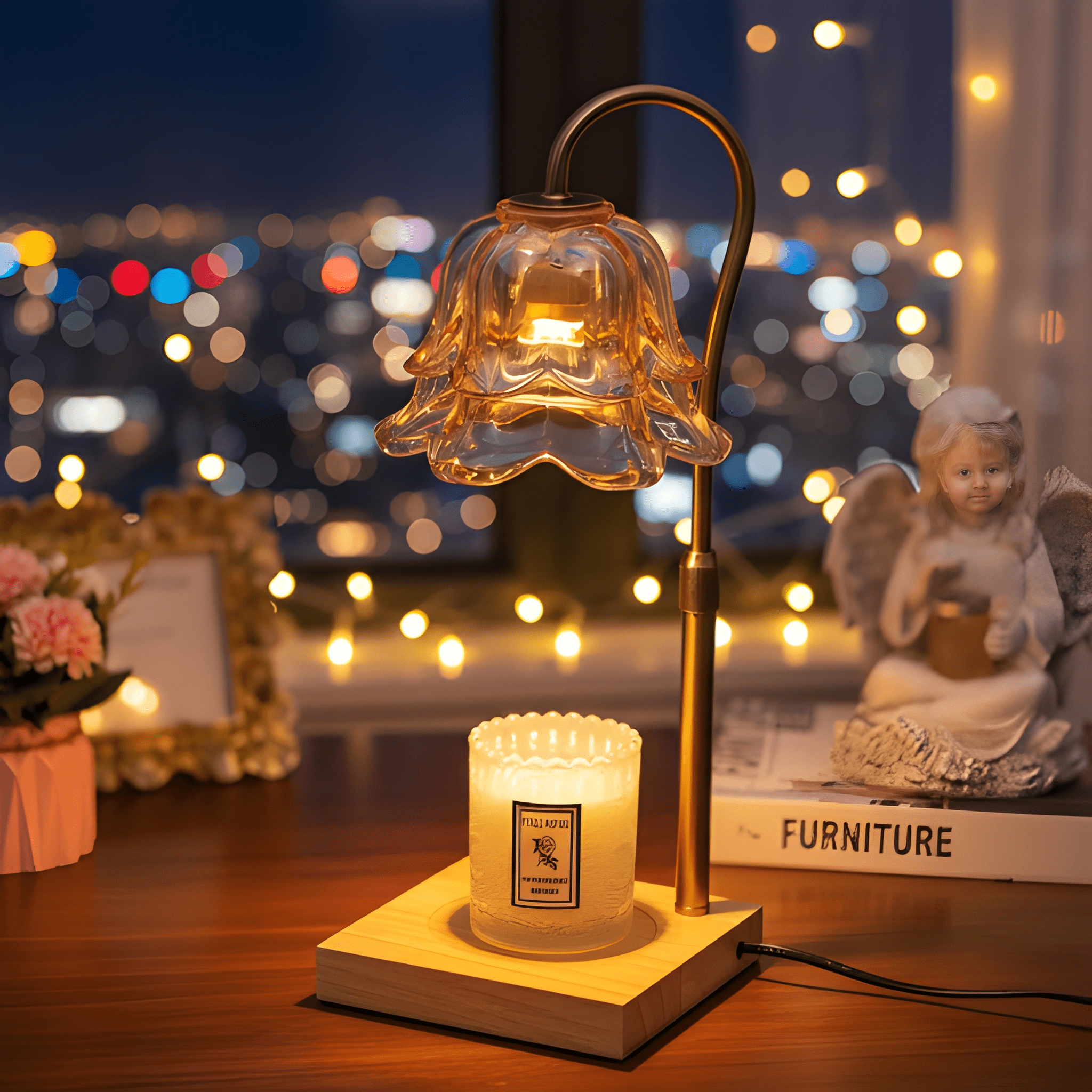 Floral Candle Warmer Table Lamp Electric Glass Shade with Wooden Base Adjustable Brightness and Timer 3